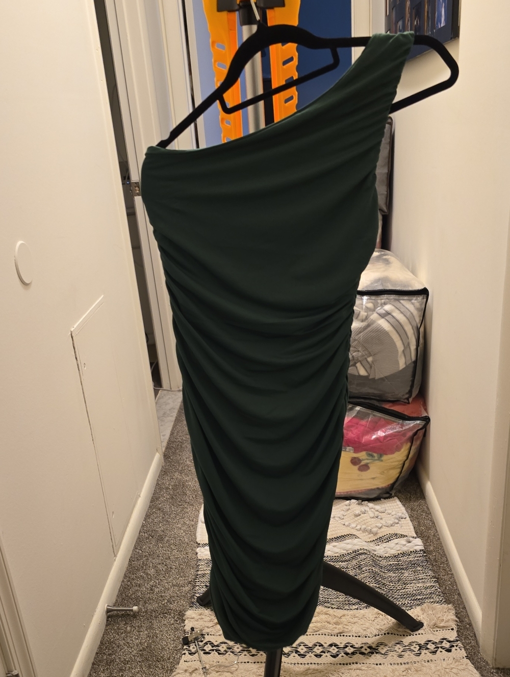 NWOT Asymmetric One-Shoulder Ruched Midi Skirt in Deep Green